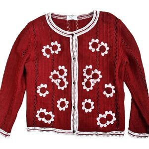 Boutique Red Floral Open Knit Lightweight Cardigan Sweater Women Size Medium EUC